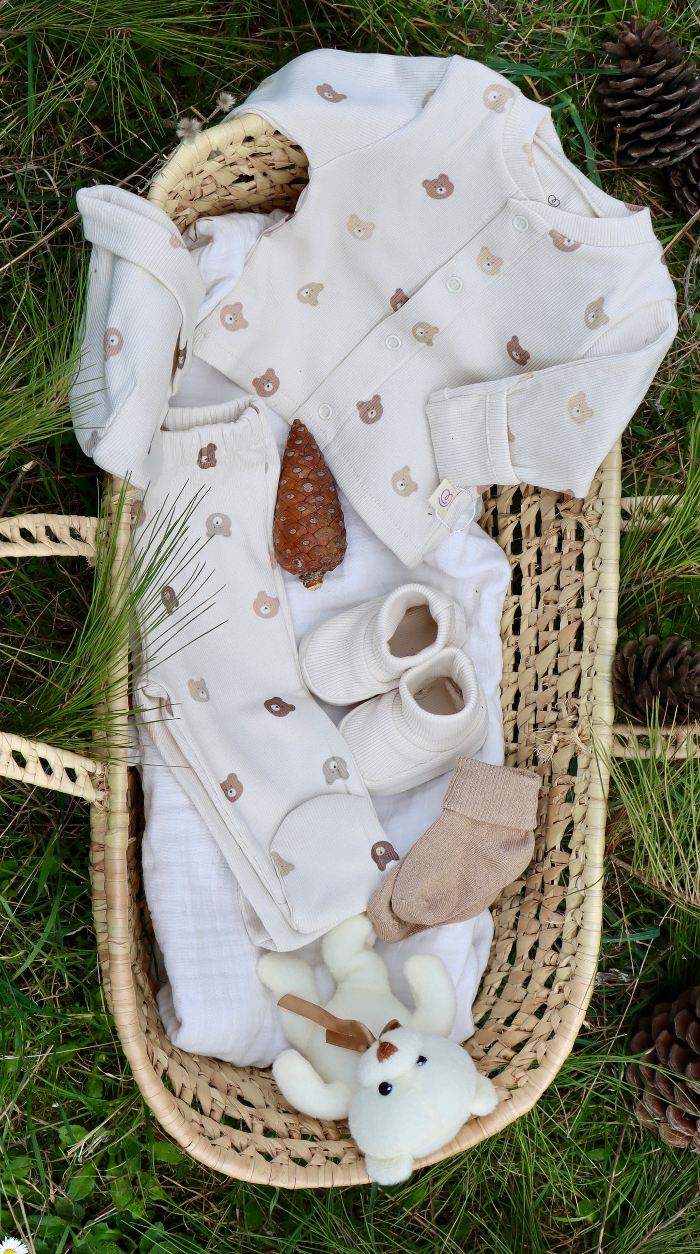 Jr. Teddy Bear Kaşkorse 3'lü Set, Müslin Tulum&Şapka, Bej Patik, Bej Ayıcık Desenli Müslin Battaniye