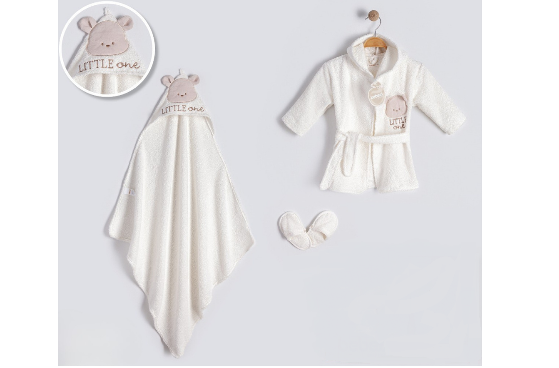 Ekru Erkek Bebek Little Bear Bornoz Set