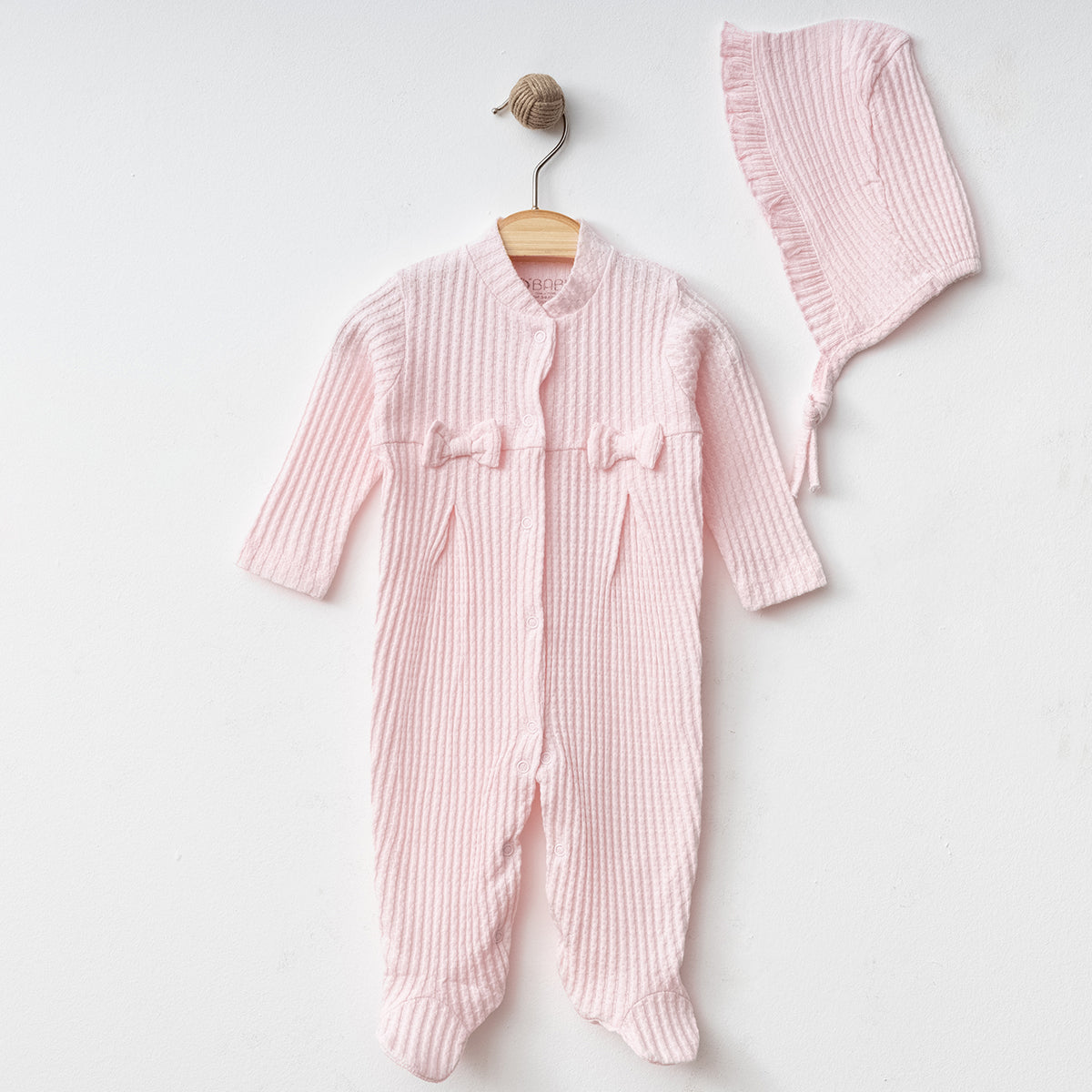 Kız Bebek Fiyonklu Jakarlı Tulum Şapka (Krem-Ekru-Pembe)