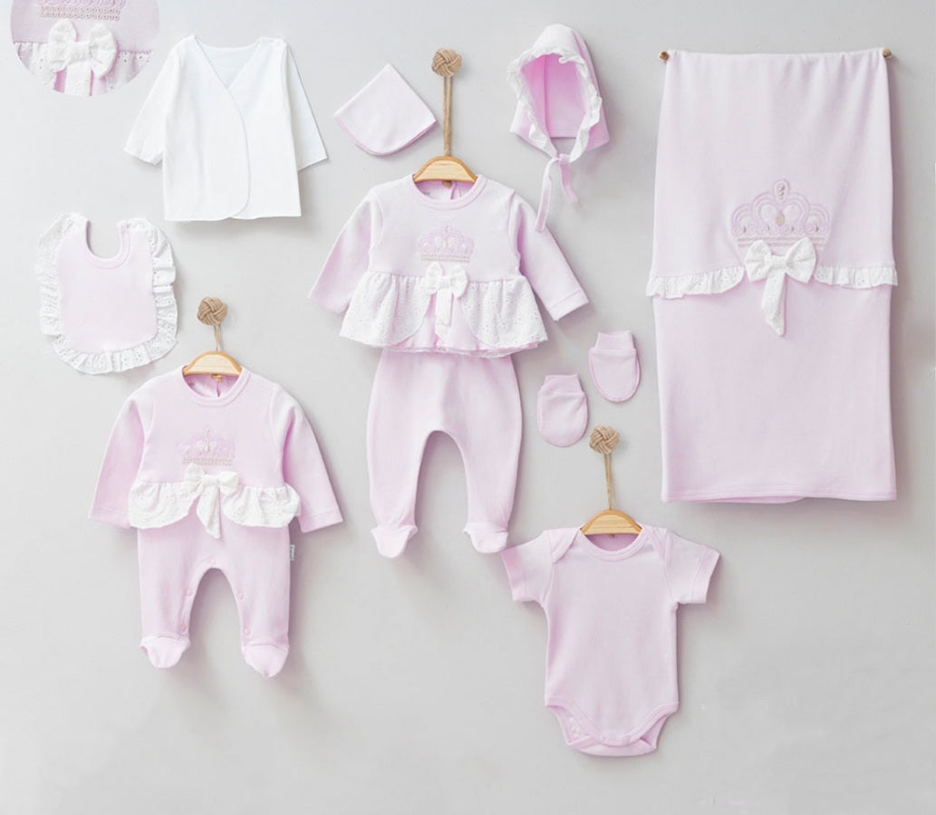 (Ekru-Somon-Pembe) 10'lu Kız Bebek Taçlı Hastane Çıkışı, Zıbın, Ağız Mendili, Battaniye Set