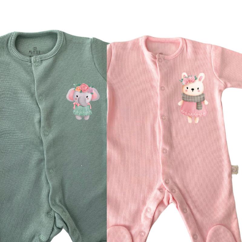 Kaşkorse Kumaş Baskılı Kız Bebek 2'li Tulum Set Mint Yeşili ve Pembe Renk