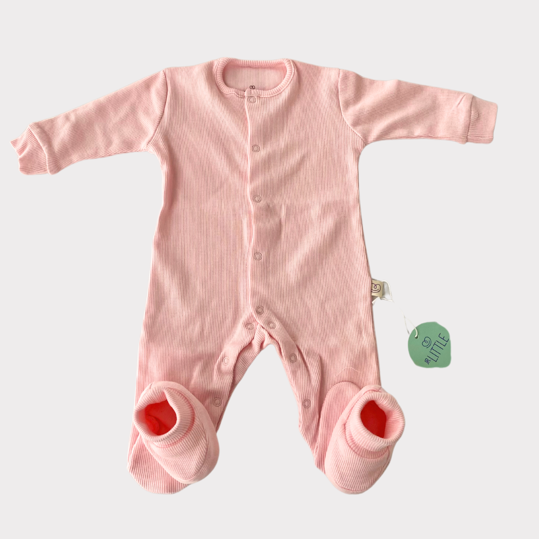 Kaşkorse Kumaş Bebek Tulum Pembe ve Patik Set