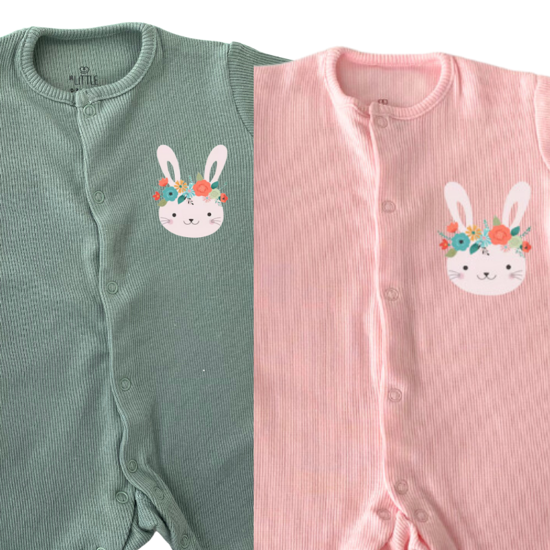 Kaşkorse Kumaş Baskılı Kız Bebek 2'li Tulum Set Mint Yeşili ve Pembe Renk