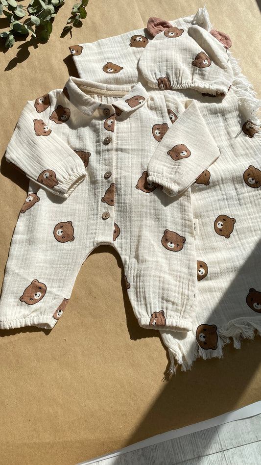 Jr. Teddy Bear Müslin Tulum&Şapka, Müslin Battaniye Set