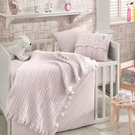 (Bej-Krem-Pembe) 6'lı Triko %100 Pamuk Kız Çiçek Güpürlü Bebek Nevresim Takımı