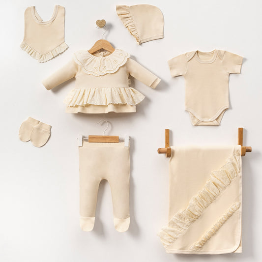 7'li Krem Kız Bebek Elegant Hastane Çıkışı, Zıbın, Battaniye Set
