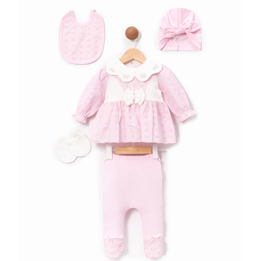 (Pembe-Somon-Ekru) Kız Bebek Güpürlü 5'li Hastane Çıkışı