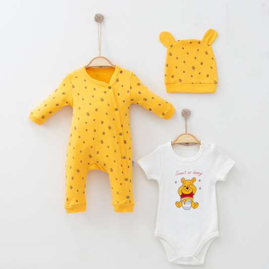 (Hardal-Krem-Gri) Ayıcık Desenli Bodyli 3'lü Tulum Set