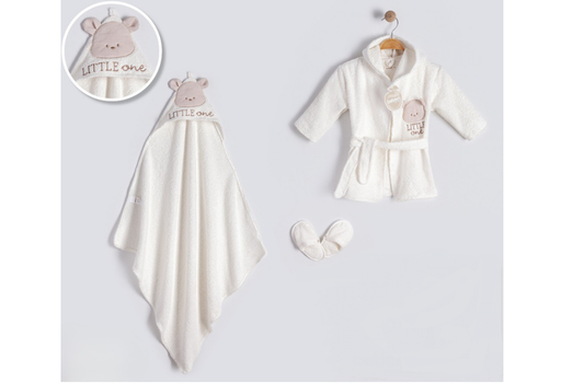 Ekru Erkek Bebek Little Bear Bornoz Set