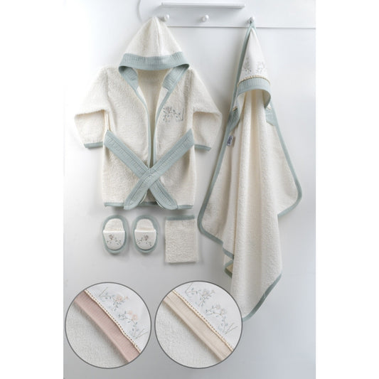 Mint Çiçekli Kuşlu Bornoz Set