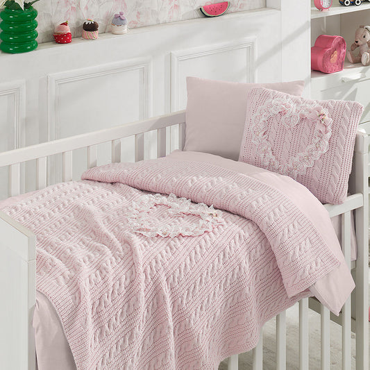 Pembe 6'lı Triko %100 Pamuk Kız Bebek Kalpli Nevresim Takımı