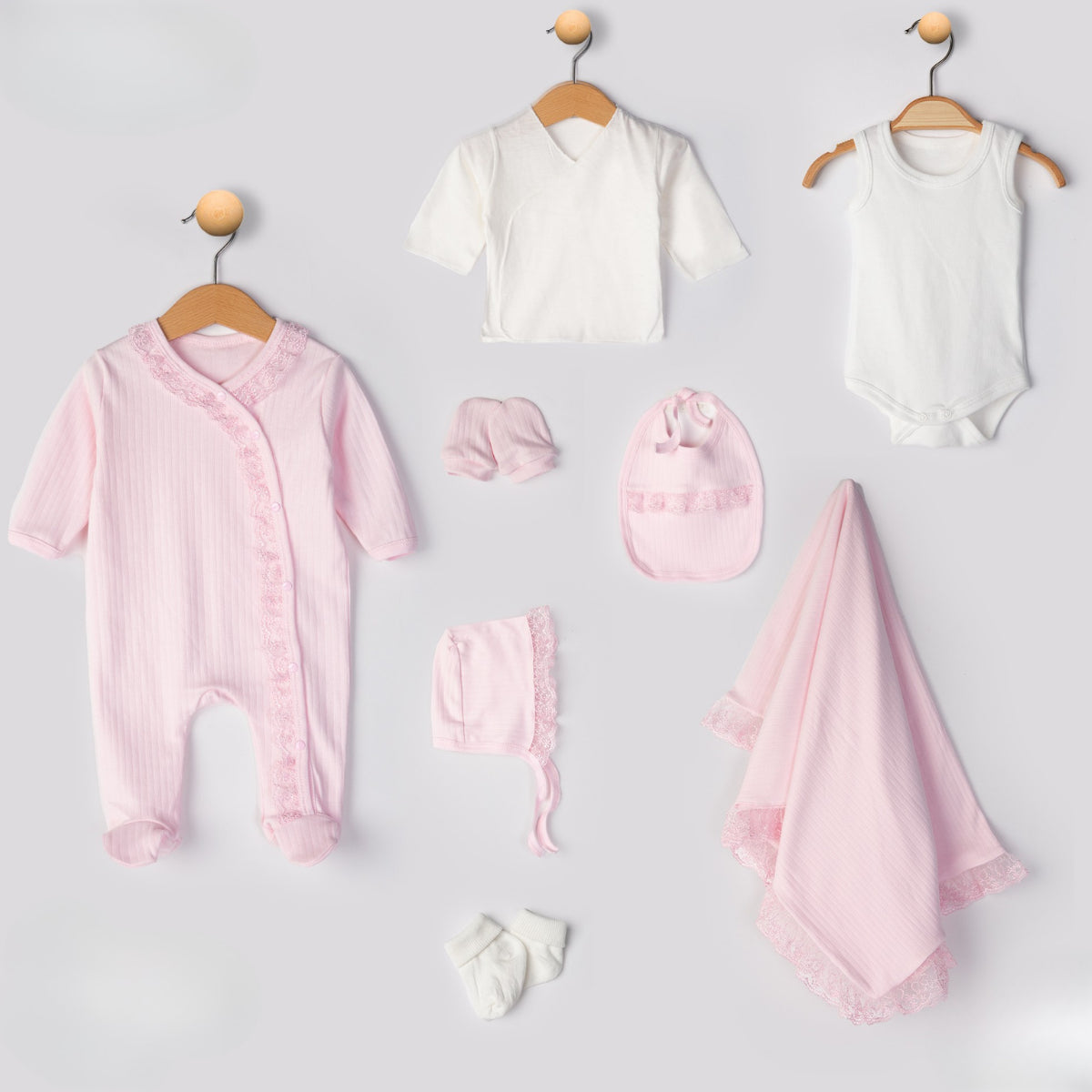 (Somon-Pembe-Ekru) 8'li Fistolu Hastane Çıkışı, Zıbın,Çorap, Battaniye Set