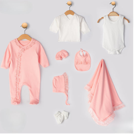 (Somon-Pembe-Ekru) 8'li Fistolu Hastane Çıkışı, Zıbın,Çorap, Battaniye Set