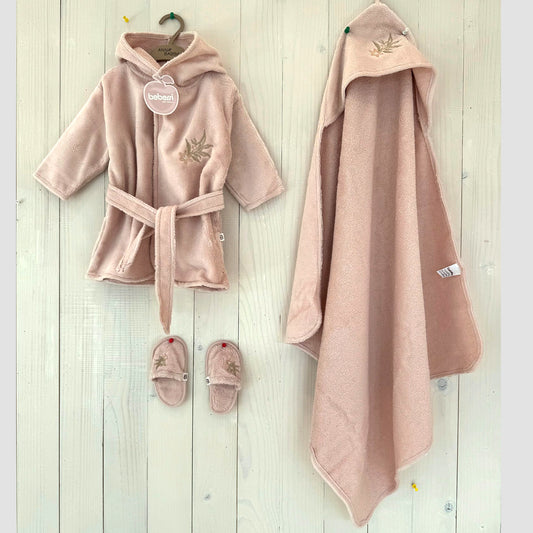(Pembe-Pudra) 0-12 Ay Nakış İşlemeli Bornoz Set